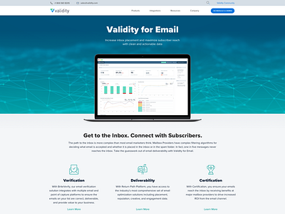 Validity for Email Marketing Product Page landing page v validity web design