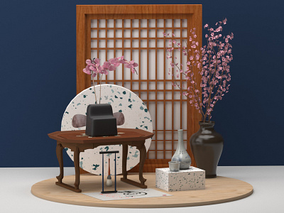 Korea 3d abstract c4d ceramics cherryblossom cinema4d colors design illustration inspiration korea korean setdesign vase wood