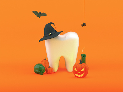 Happy Halloween 3d bats c4d candle cinema4d colors design halloween hat illustration orange pumpkins setdesign skull spider spooky teeth tooth vray witch