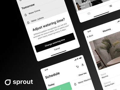 Sprout 🌱 animation app cards green ios list machinelearning minimal minimalism modal plant popup product reminder schedule uiux user learning ux watering