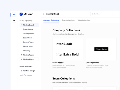 Masimo - Workspace Preview app blue branding collections dashboard managing navigation organising saas search sidenav teams ui ux web app website