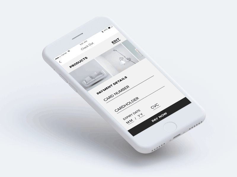 Quick furniture payment screen animation app details flow gallery iphone mobile payment ui ux