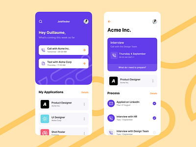 Job Finder App app application apply call concept design finder interview iphone job purple ui ux