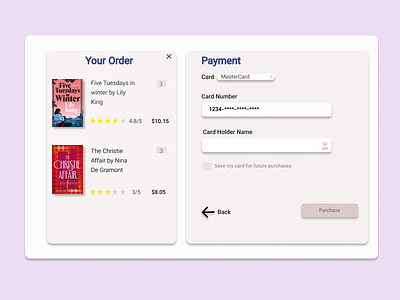 Credit Card Checkout Page book purchases coral pink credit card checkout page graphic design ui