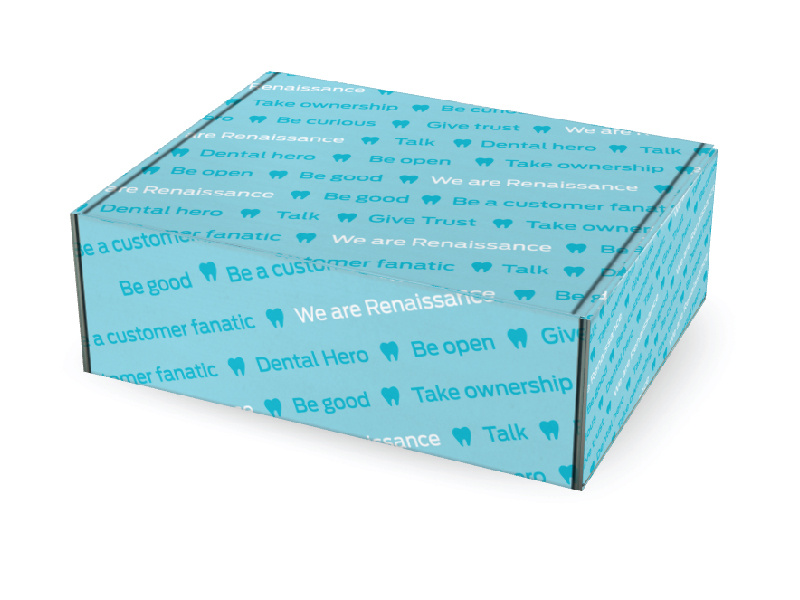 "We are Renaissance" mission values dental blue design packaging box
