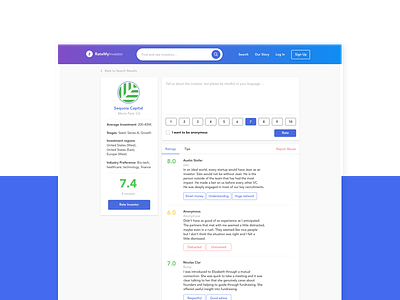 RateMyInvestor | Investor Profile design investor product rate screen startup tool ui