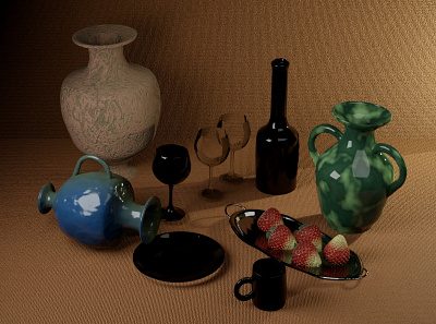 Still Life 3d modeling 3d still life model blender clay jars graphic design still life strawberries wine wine glass