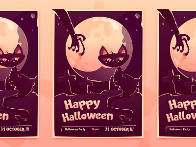 Halloween Party Invitation Card black cat cat cemetery flat grave halloween halloween flyer illustration invitation party purple zombie