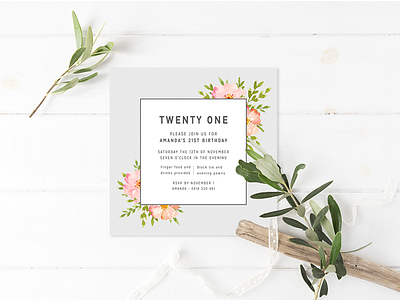 Modern Flora birthday floral invitation rustic twenty one watercolor watercolour