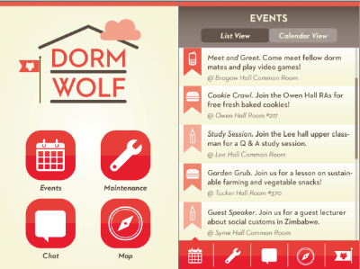 Dorm Wolf Mobile App android application calendar dorm events house icons illustration interaction iphone mobile red user experience ux wolf