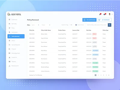 Renewals & Reminder Dashboard dashboard design dribbbleshot insurance portal reminder renewal sales sketch table design ui ux web