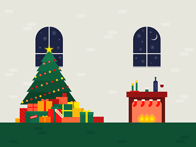Christmas illustration 2 candles christmass tree colorful fireplace flat geometric gift boxes graphic design hangame illustrator cc nhn night ornaments payco snowball snowy socks windows wine winter holidays