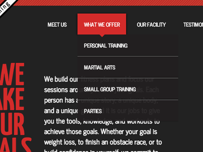Simple flat navigation black child menu dark drop down menu red typography ui website wip work in progress