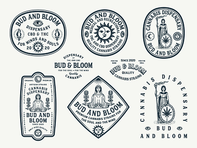 Bud and Bloom cannabis dispensary badge badge design badge logo badges cannabis dispensary eyes flame flower lady leaf lettering logo logos logotype moon shield sun