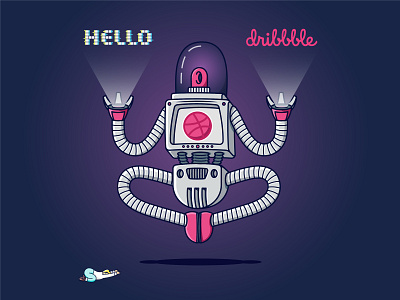 Hello Dribbble android astronaut atom ball charachter concept cosmos debut dribbble dribbble ball hello hologram illustration robot robotic space thank you thankful typography vector