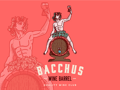 Bacchus alchohol bacchus barrel boy brand brandig glass god grapes illustraion label design logo myth mythological red wine wine wine barrel wine glass