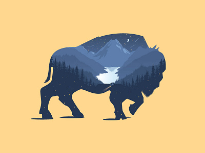 Bison Dream american animal art bison blue camping dark double exposure fireflies forest illustration lake moon mountains night outdoors print trees wilderness yellow