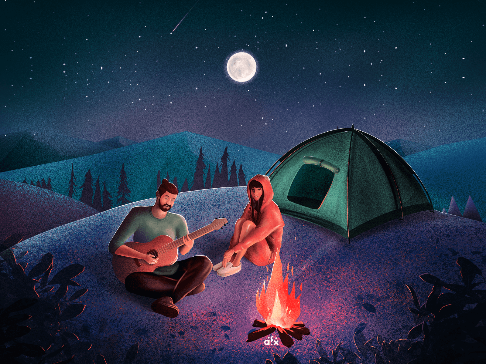 C A M P I N G ⛺ art artist boy campfire camping creative digital fire girl illustration moon night procreate tent travel visual