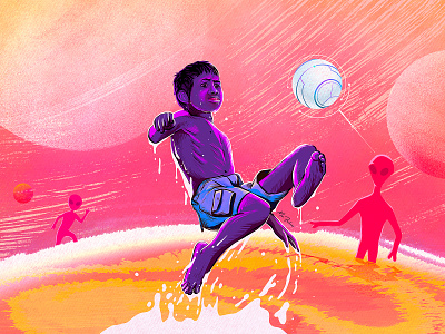 P L A Y alien art artist bright color concept creative football fusion future illustration kid procreate shot soccer space sports