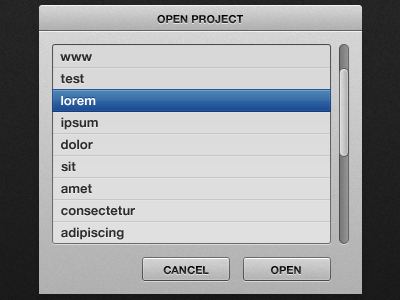 Open project button menu modal scrollbar select ui web app