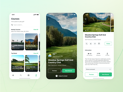 Holeswing - Golf Courses List and Detail app clean country club golf golf club golfapp golfcourse golfrange ios mobile mobile app mobile ui mobilegolf nearby places round scoring sportsapp uidesign uxdesign