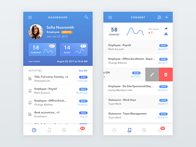 Employee Staff Administrative App activity blue company dashboard graph list mobile staff stat track ui worker