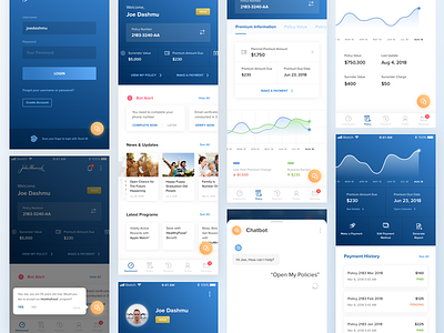 Insurance Program Mobile App app blue chatbot clean data graph icon insurance line menu minimal mobile option profile stats switch thumbnail ui ux