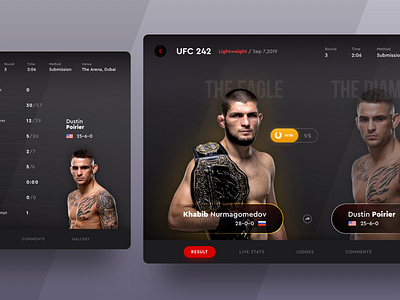 UFC 242 Fight Result on iPad App app boxing dark design fight ios ipad khabib match menu mma result sport stats tournament ufc ui ux vs win