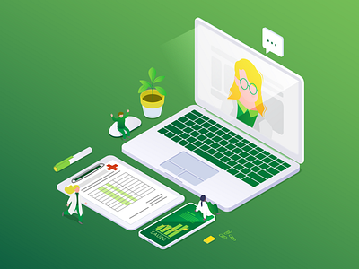 Isometric desk caracter creative design green illustration information isometric laptop product vector workspace