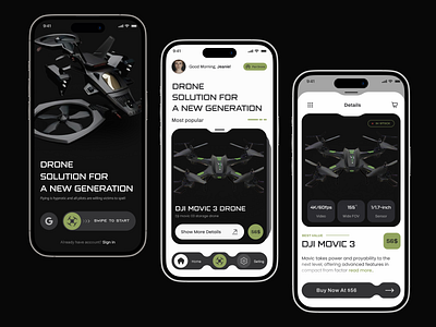 Drone App app design application buy clean dark design drone drone app e commerce app figma green interaction design mobile app modren shopping app ui ui design ux ux design visual design