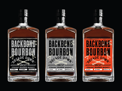 Backbone bourbon labels anniversay black bones bourbon decade distillery grey label liquor orange tennessee type typography whiskey