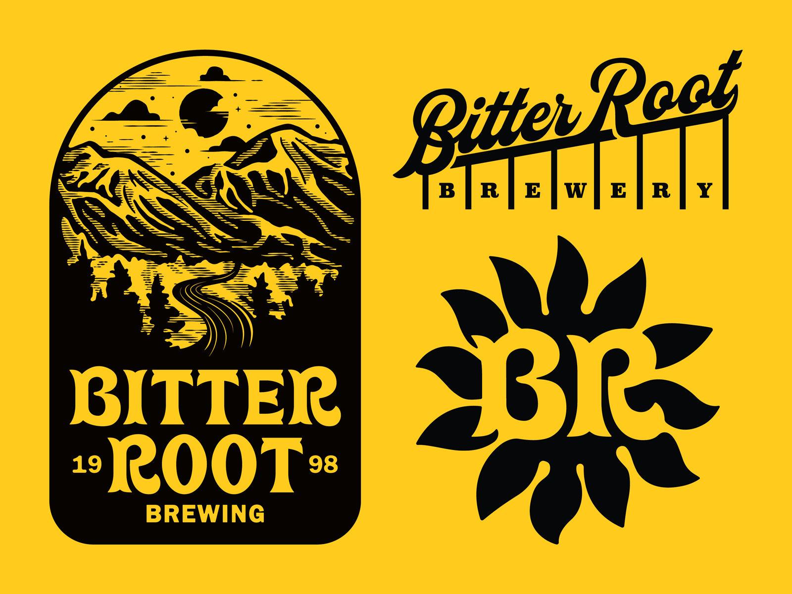 Bitter root artifacts badge beer bitter branding brewing flower identity illustration logo montana mountains root script signage trees wordmark