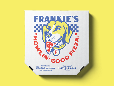 Frankie's pizza box box branding delivery dog food identity illustration indiana indianapolis midwest packaging parlor pizza restaurant typography yellow