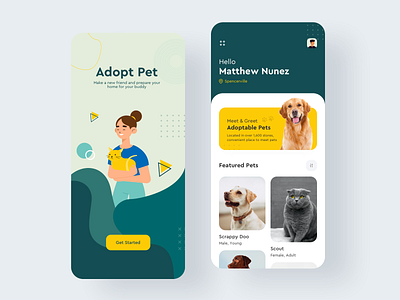 Pet Adopt App adopt app art card clean colors design flat illustration ios layout minimal mobile pet typogaphy ui ux vector
