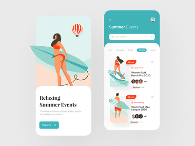 Summer Surfing Events App app art beach card colors design event app figma flat illustration ios minimal minimalism mobile product design summer surfing typogaphy ui ux