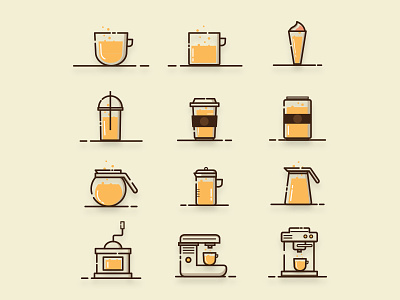 Coffee Icon Set brown coffee coffee machine colors icons illustration