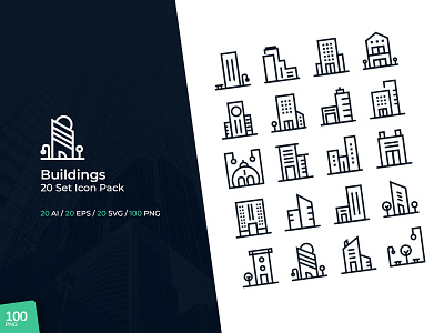 Buildings - 20 Set Icon Pack android app architecture building ios mobile app ui ux web design website