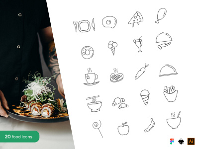 20 Food and Drink Icons with Thin Line Styles
