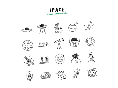 collection of icons about space asteroids astronomy comets galaxies hubble space telescope meteorites planets solar system stars supernovae telescope universe