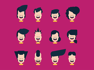 1 face 12 hairstyles character cute cute face face flat face hair hairstyles happy illustration smile