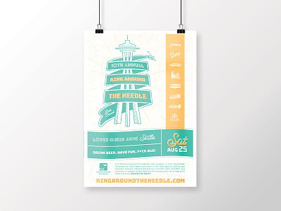 Ring Around the Needle 2018 Poster als branding event hero creative letterpress lou gehrigs disease poster pub crawl ribbon seaplane seattle space needle