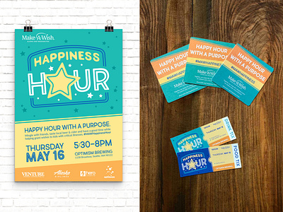 Make A Wish Happiness Hour Package ad brand package branding coasters colorful custom type design event happy hour identity playful poster stars ticket