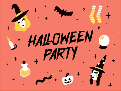 Halloween Party Illustration candle card design crystal ball halloween halloween party illustration potions pumpkin socks witch