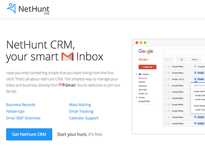 Nethunt CRM brand button crm flat gmail google light product screen screens slider