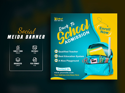 School admission social media post banner admission flyer admission post admit poster back to school children education college admission enrollmen education banner flyer education kids post kinder garden school admission school design school post education school social media social media kids student education template