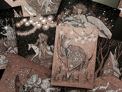 New Year's cute cards artwork fantasy fox graphic design illustration postcard