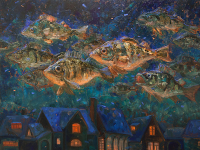 Migratory Perches artist artwork design fairy tale fantasy fineart fish graphic design illustration oil painting perches