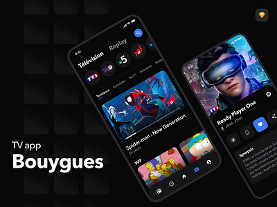 TV app concept - Bouygues TV app broadcast dark darkmode detail info live mobile movie playback record replay streaming tv ui