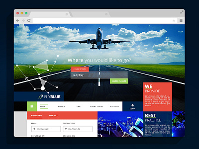 Flyblue Travels Home Page airplane flat flyblue hotel travel ui ux user interface web web design website