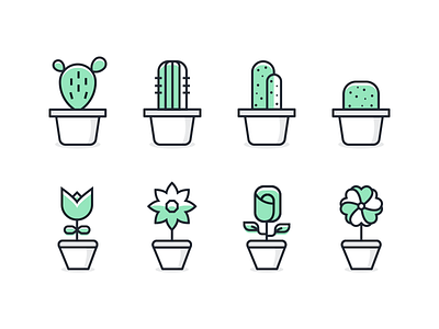 Go Green cactus flowers icons illustration outline plants rose stroke